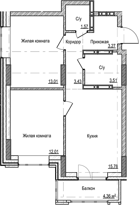 Планировка 2-к. квартира 52.58 м² в ЖК «Чацкий»