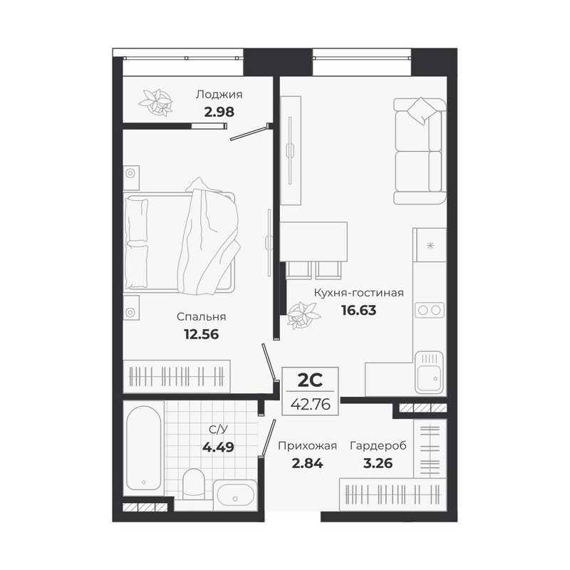 Планировка 2е-к.кв 39.78 м² в ЖК «Ясный Берег»