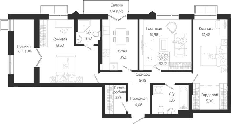 Планировка 3-к.кв 87.26 м² в ЖК «Город Гор. Майма»