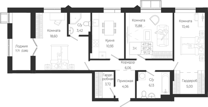 Планировка 3-к.кв 87.26 м² в ЖК «Город Гор. Майма»