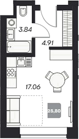 Планировка студии 26.01 м² в ЖК «Аэрон»