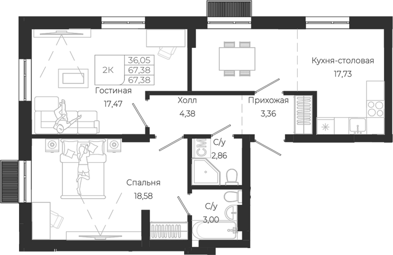 Планировка 2-к.кв 67.38 м² в ЖК «Город Гор. Майма»