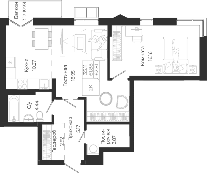 Планировка 2е-к.кв 61.88 м² в ЖК «Город Гор. Майма»