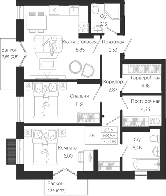 Планировка 3е-к.кв 68.55 м² в ЖК «Город Гор. Майма»