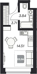 Планировка студии 22.18 м² в ЖК «Аэрон»