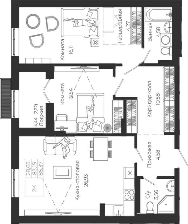 Планировка 2-к.кв 83.15 м² в ЖК «Город Гор. Майма»