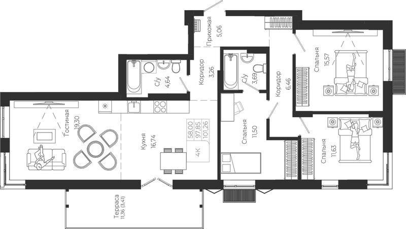 Планировка 4е-к.кв 97.85 м² в ЖК «Город Гор. Майма»