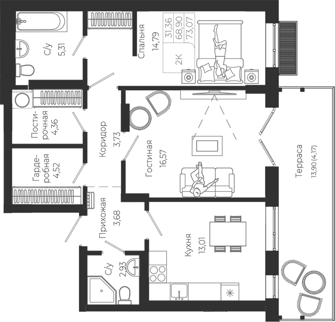 Планировка 2-к.кв 68.90 м² в ЖК «Город Гор. Майма»