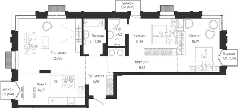 Планировка 3е-к.кв 90.76 м² в ЖК «Город Гор. Майма»