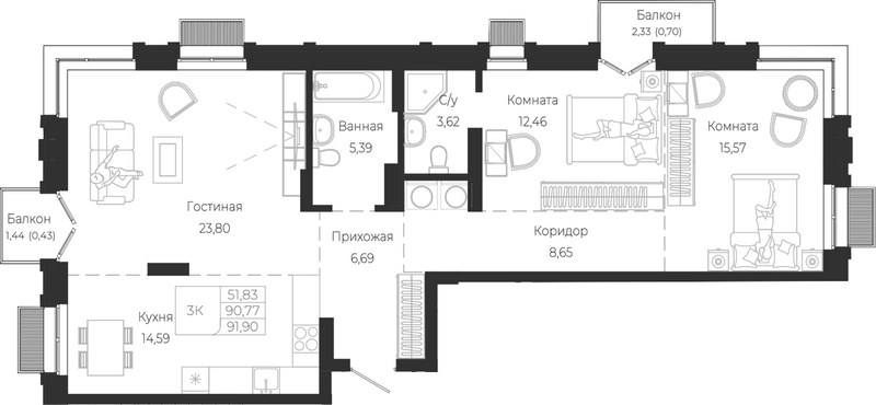 Планировка 3е-к.кв 90.77 м² в ЖК «Город Гор. Майма»
