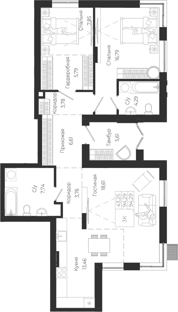 Планировка 3е-к.кв 94.29 м² в ЖК «Город Гор. Майма»