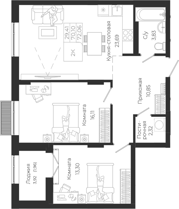 Планировка 3е-к.кв 70.10 м² в ЖК «Город Гор. Майма»