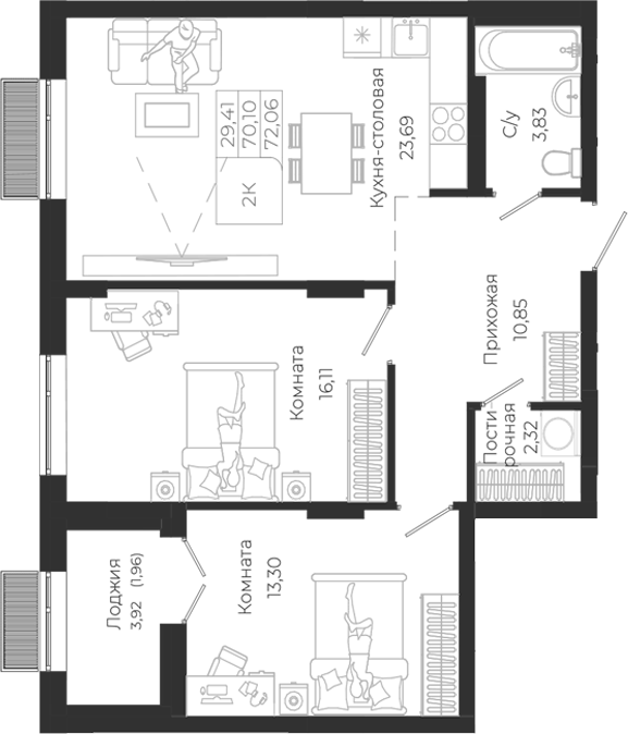 Планировка 3е-к.кв 70.10 м² в ЖК «Город Гор. Майма»