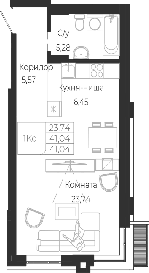Планировка студии 41.04 м² в ЖК «Город Гор. Майма»