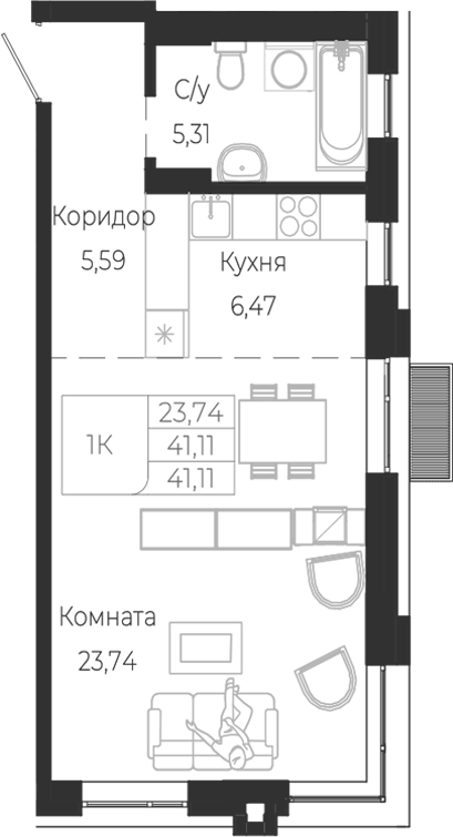 Планировка студии 41.11 м² в ЖК «Город Гор. Майма»