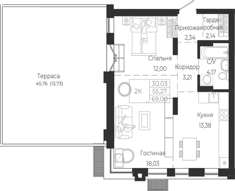 Планировка 2-к.кв 55.27 м² в ЖК «Город Гор. Майма»