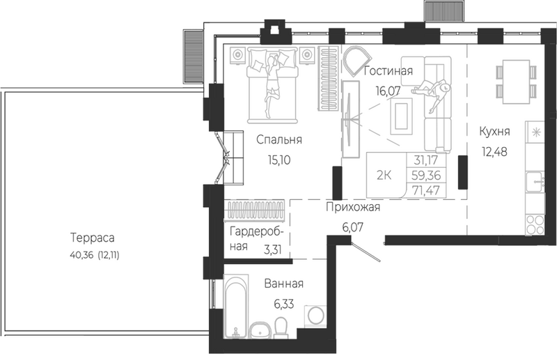 Планировка 2-к.кв 59.36 м² в ЖК «Город Гор. Майма»
