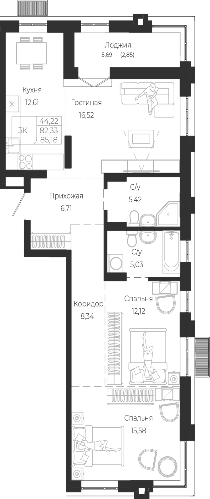 Планировка 3е-к.кв 82.33 м² в ЖК «Город Гор. Майма»