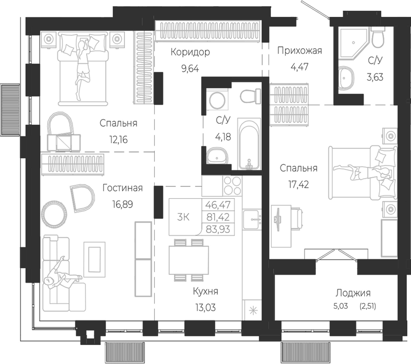 Планировка 3е-к.кв 81.42 м² в ЖК «Город Гор. Майма»