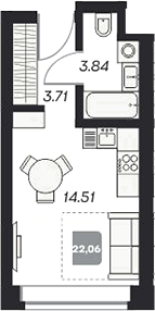 Планировка студии 22.18 м² в ЖК «Аэрон»