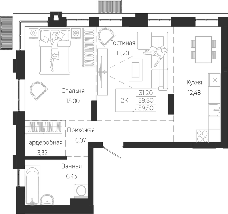Планировка 2-к.кв 59.50 м² в ЖК «Город Гор. Майма»