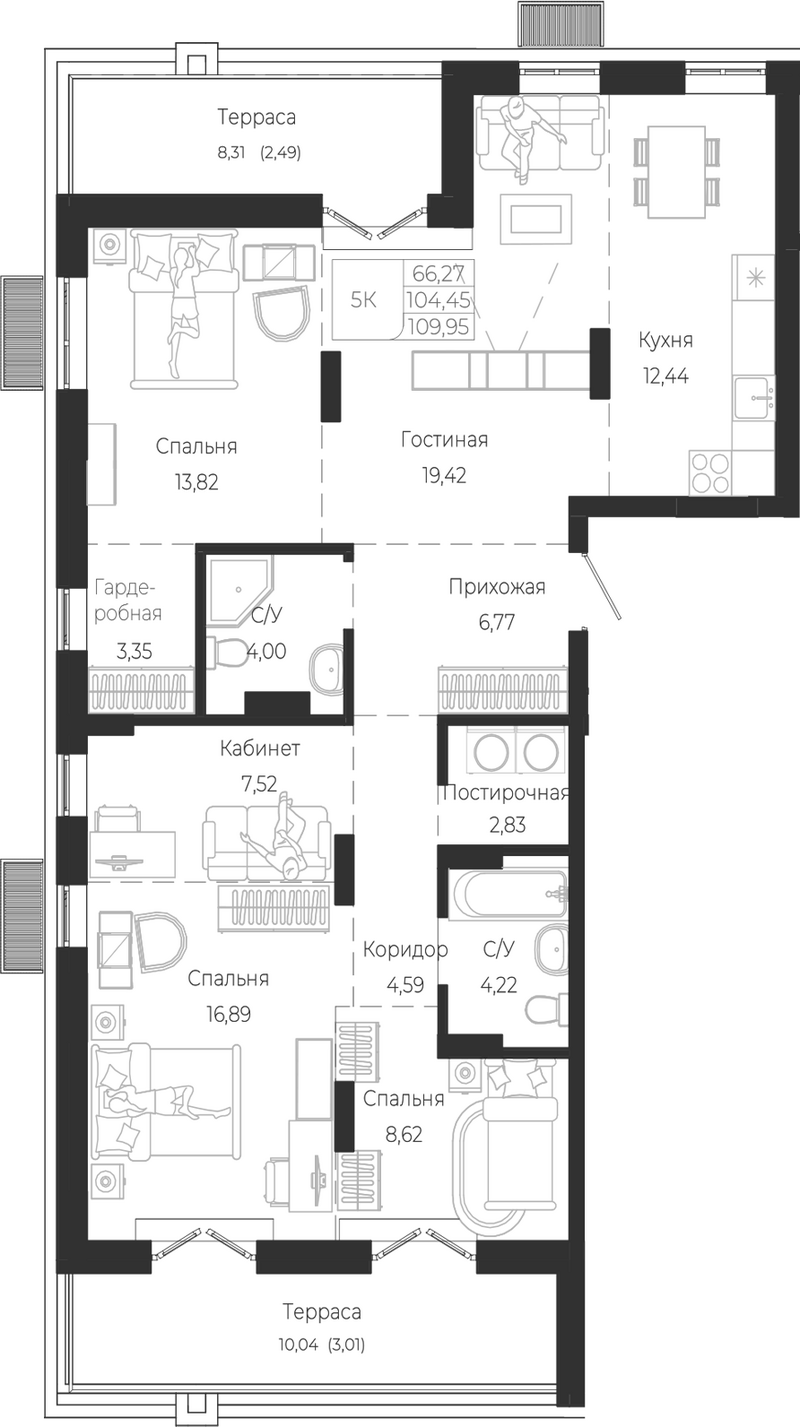 Планировка 5е-к.кв 104.45 м² в ЖК «Город Гор. Майма»
