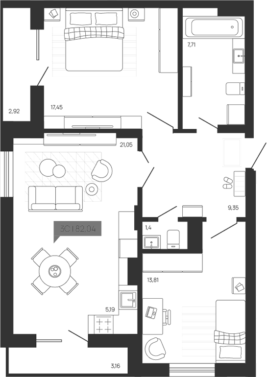 Планировка 3е-к.кв 75.96 м² в ЖК «Зоркий парк»