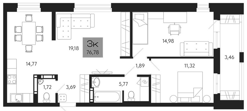 Планировка 3-к.кв 73.32 м² в ЖК «Поэзия. Томск»