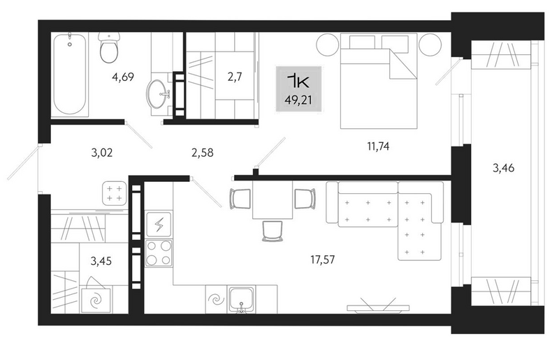 Планировка 2е-к.кв 45.75 м² в ЖК «Поэзия. Томск»