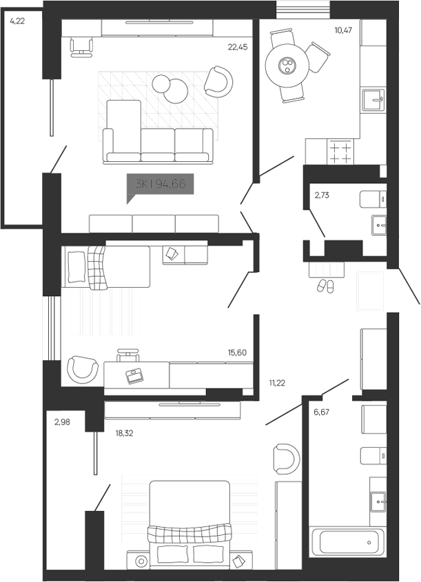 Планировка 3-к.кв 87.46 м² в ЖК «Зоркий парк»