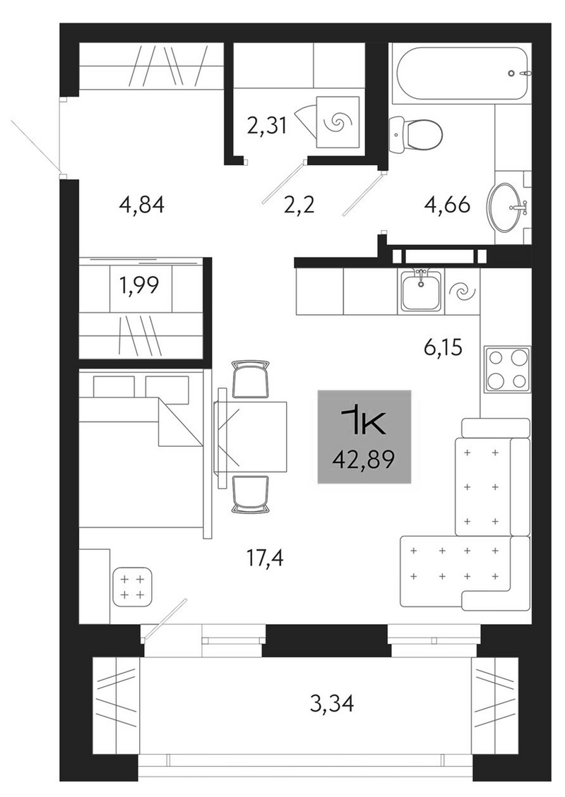 Планировка студии 39.55 м² в ЖК «Поэзия. Томск»