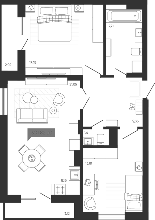 Планировка 3е-к.кв 75.96 м² в ЖК «Зоркий парк»