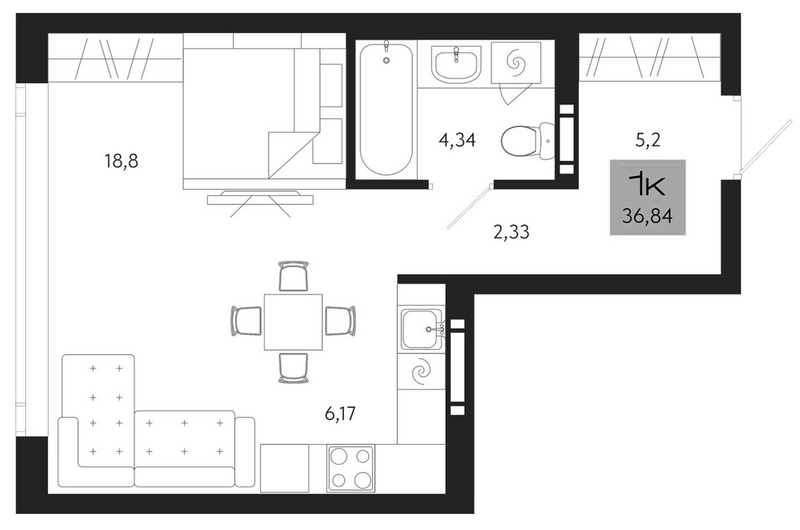 Планировка студии 36.84 м² в ЖК «Поэзия. Томск»