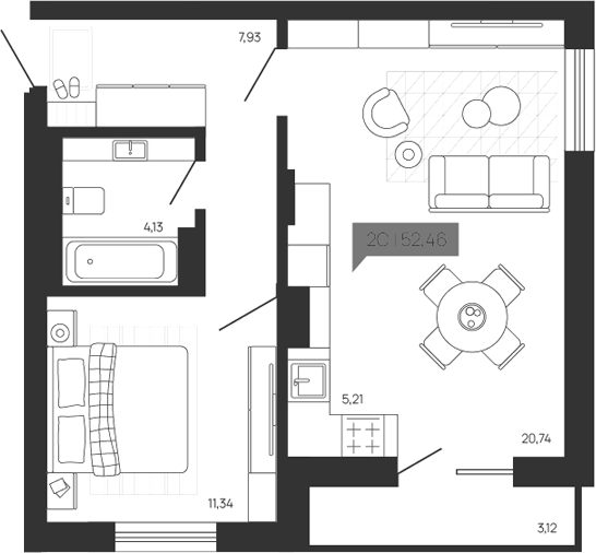 Планировка 2е-к.кв 49.34 м² в ЖК «Зоркий парк»