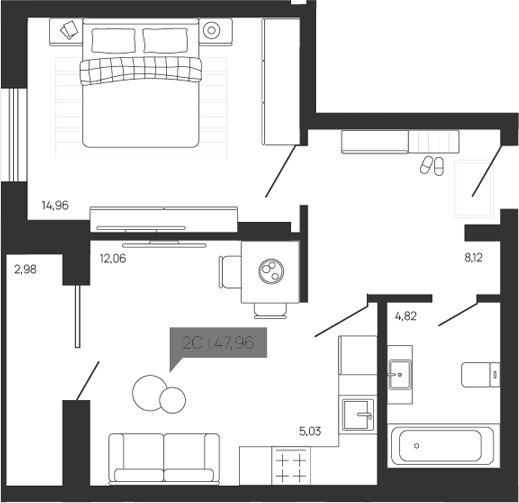 Планировка 2е-к.кв 44.98 м² в ЖК «Зоркий парк»