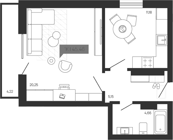 Планировка 1-к.кв 41.24 м² в ЖК «Зоркий парк»