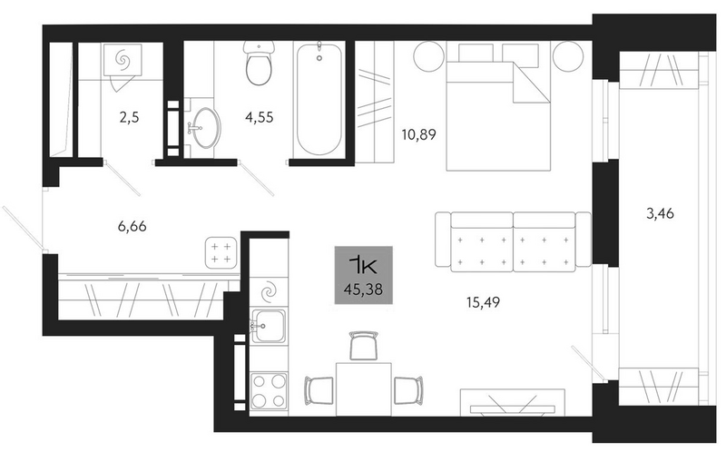 Планировка студии 41.92 м² в ЖК «Поэзия. Томск»