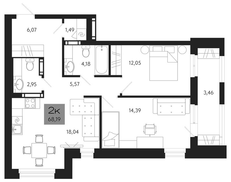 Планировка 3е-к.кв 64.73 м² в ЖК «Поэзия. Томск»
