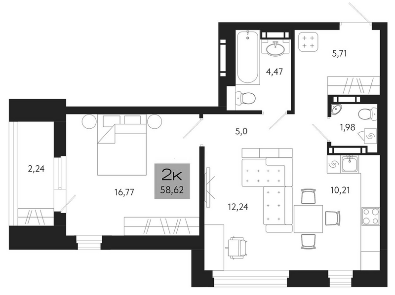 Планировка 2е-к.кв 56.38 м² в ЖК «Поэзия. Томск»