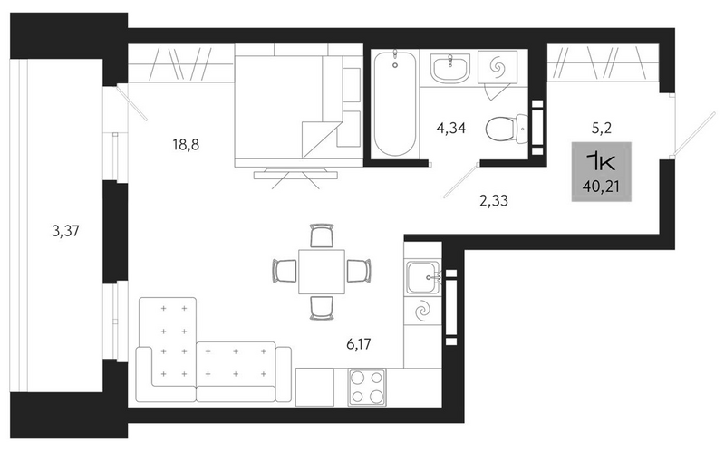 Планировка студии 36.84 м² в ЖК «Поэзия. Томск»