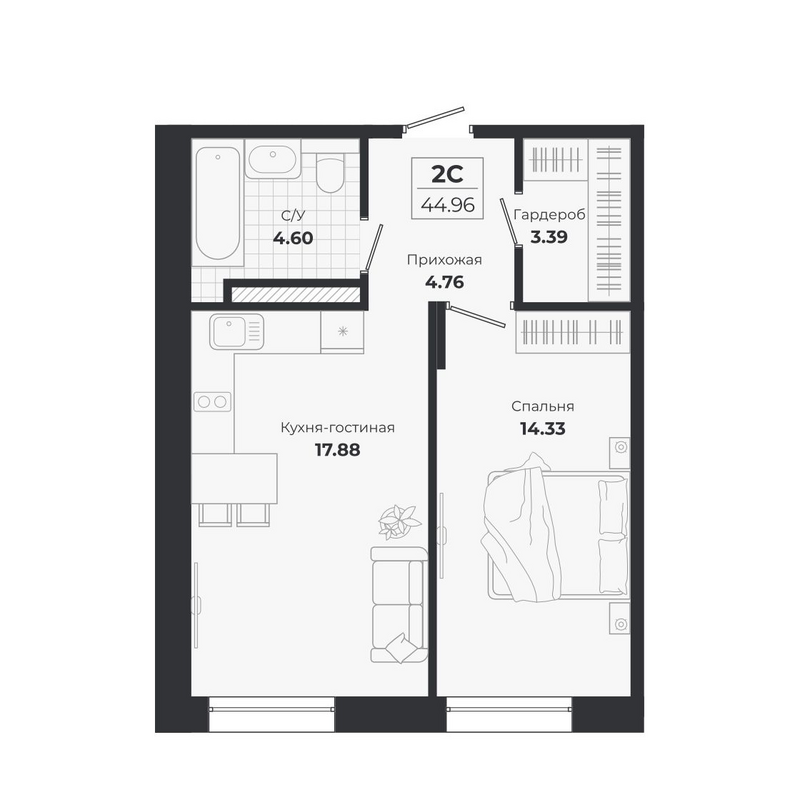 Планировка 2е-к.кв 44.96 м² в ЖК «Ясный Берег»