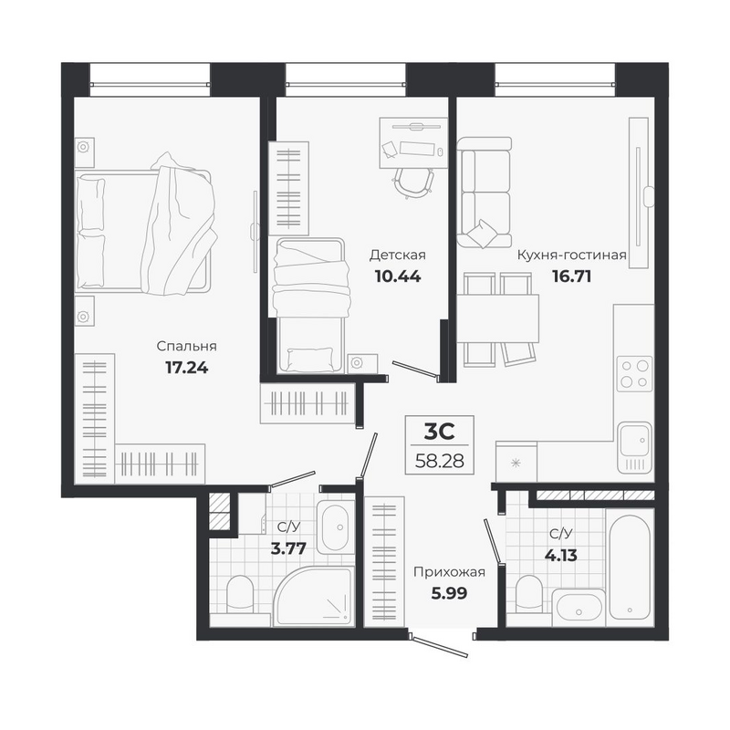 Планировка 3е-к.кв 58.28 м² в ЖК «Ясный Берег»