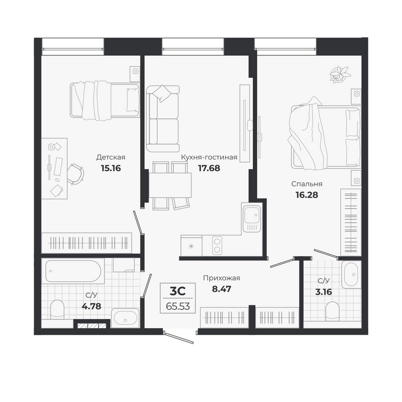 Планировка 3е-к.кв 65.53 м² в ЖК «Ясный Берег»