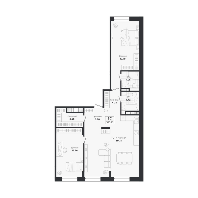 Планировка 3е-к. квартира 100.15 м² в ЖК «Ясный Берег»