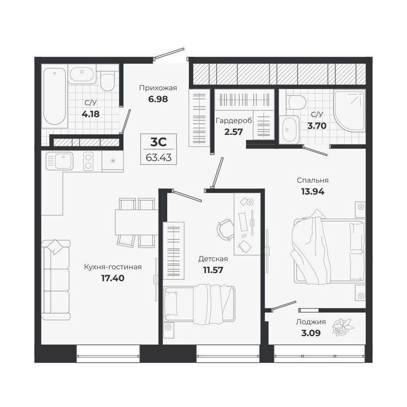 Планировка 3е-к.кв 60.34 м² в ЖК «Ясный Берег»