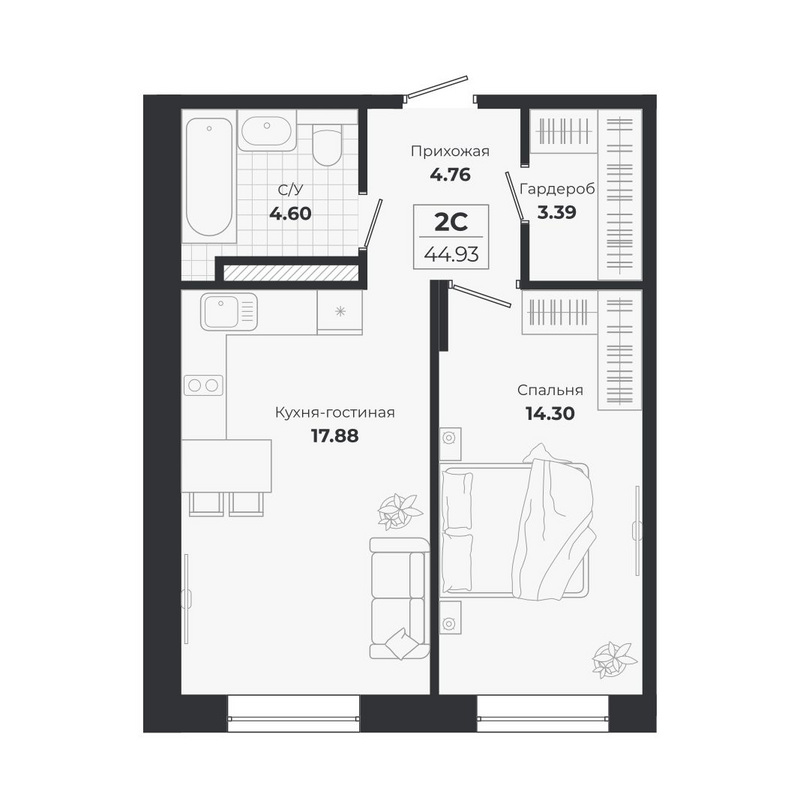 Планировка 2е-к.кв 44.93 м² в ЖК «Ясный Берег»