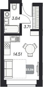 Планировка студии 22.18 м² в ЖК «Аэрон»