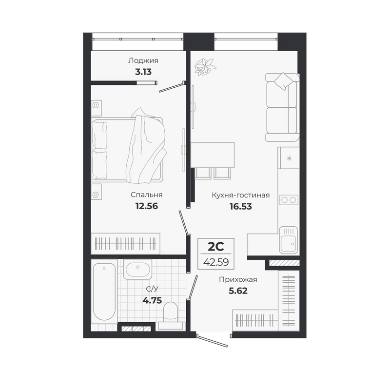 Планировка 2е-к.кв 39.46 м² в ЖК «Ясный Берег»