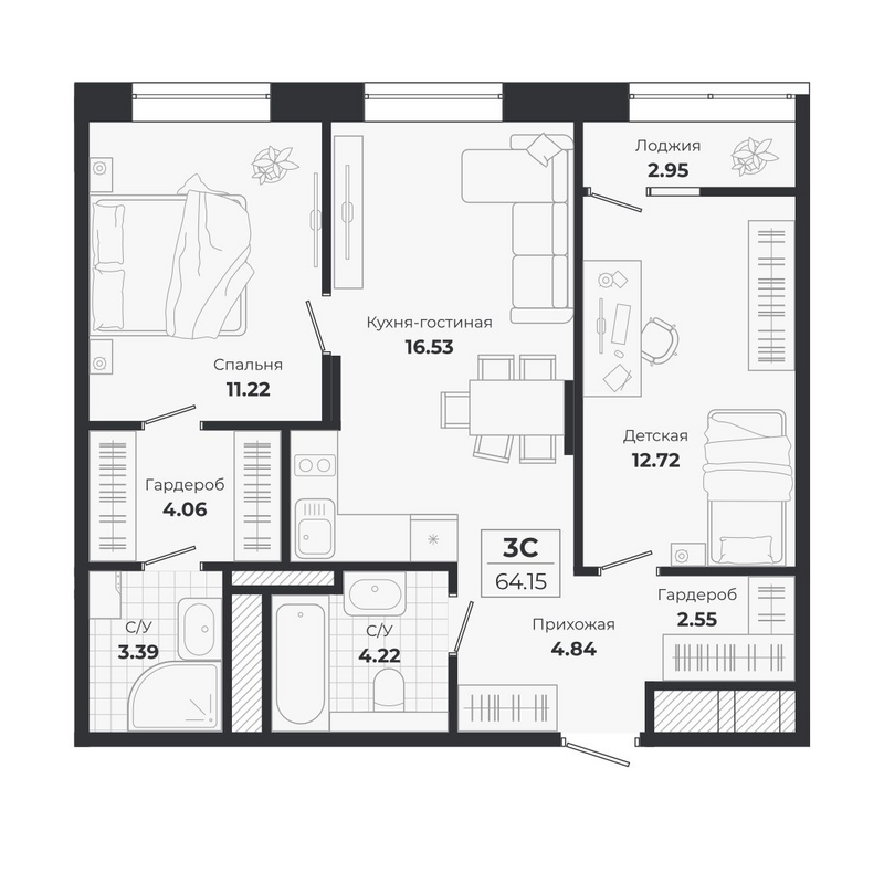 Планировка 3е-к.кв 61.20 м² в ЖК «Ясный Берег»