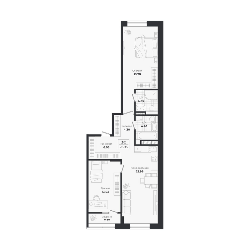 Планировка 3е-к.кв 74.63 м² в ЖК «Ясный Берег»
